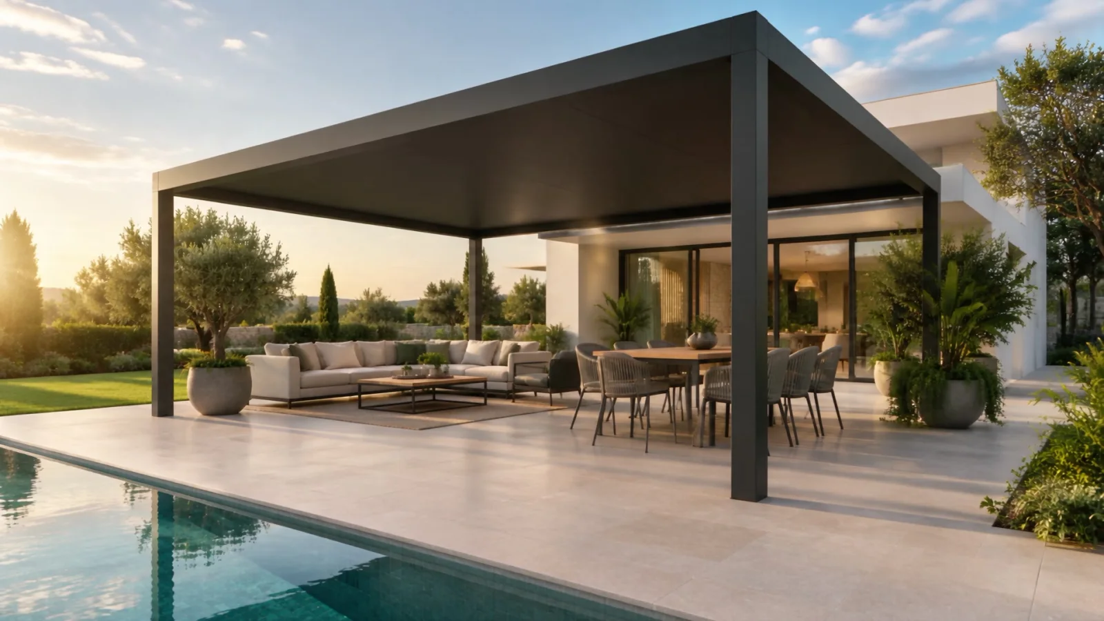 Havuz kenarında, lamelleri kapalı antrasit bioklimatik pergola