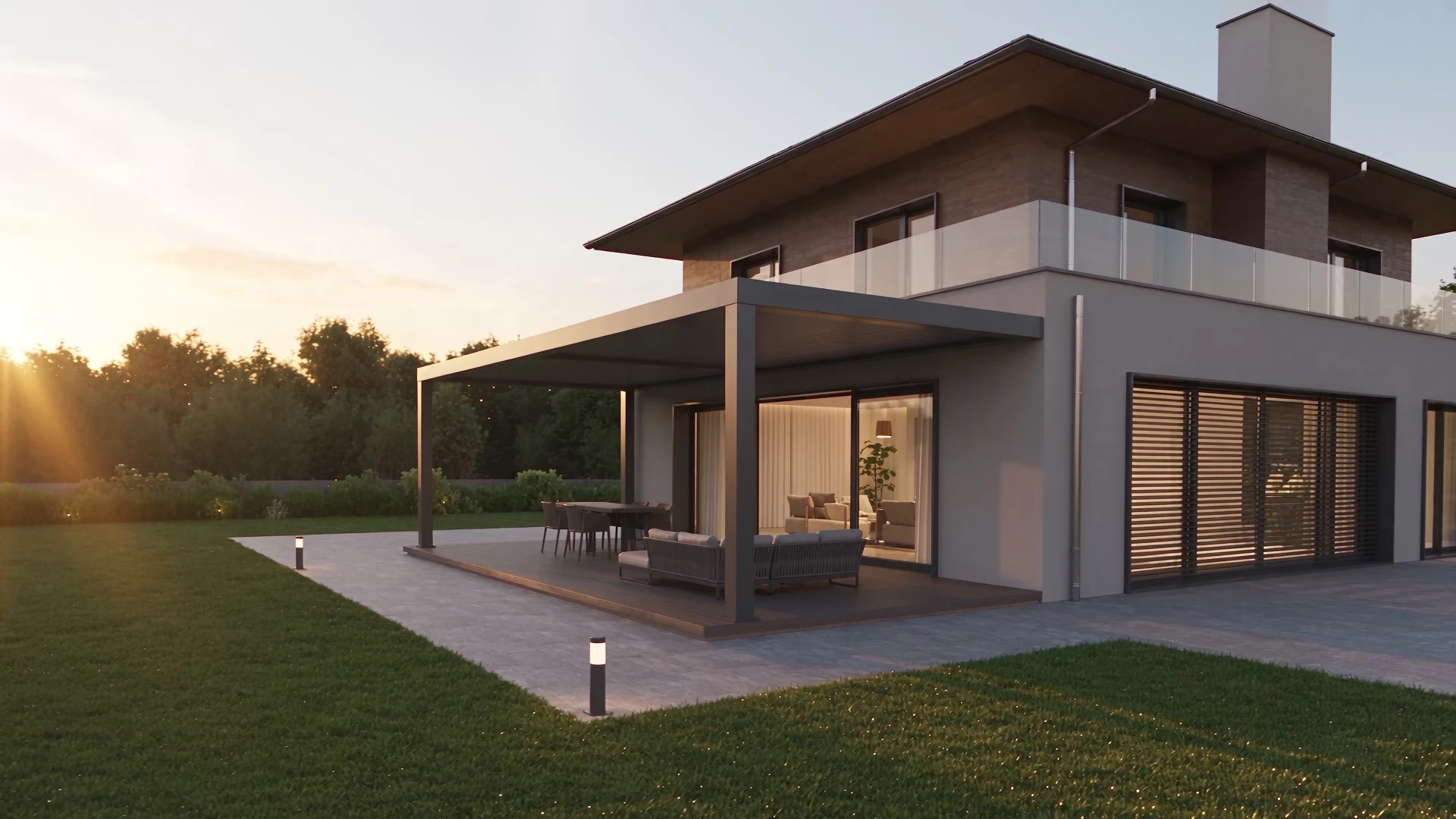 Gün batımında, modern bir evin bahçesindeki antrasit bioklimatik pergola
