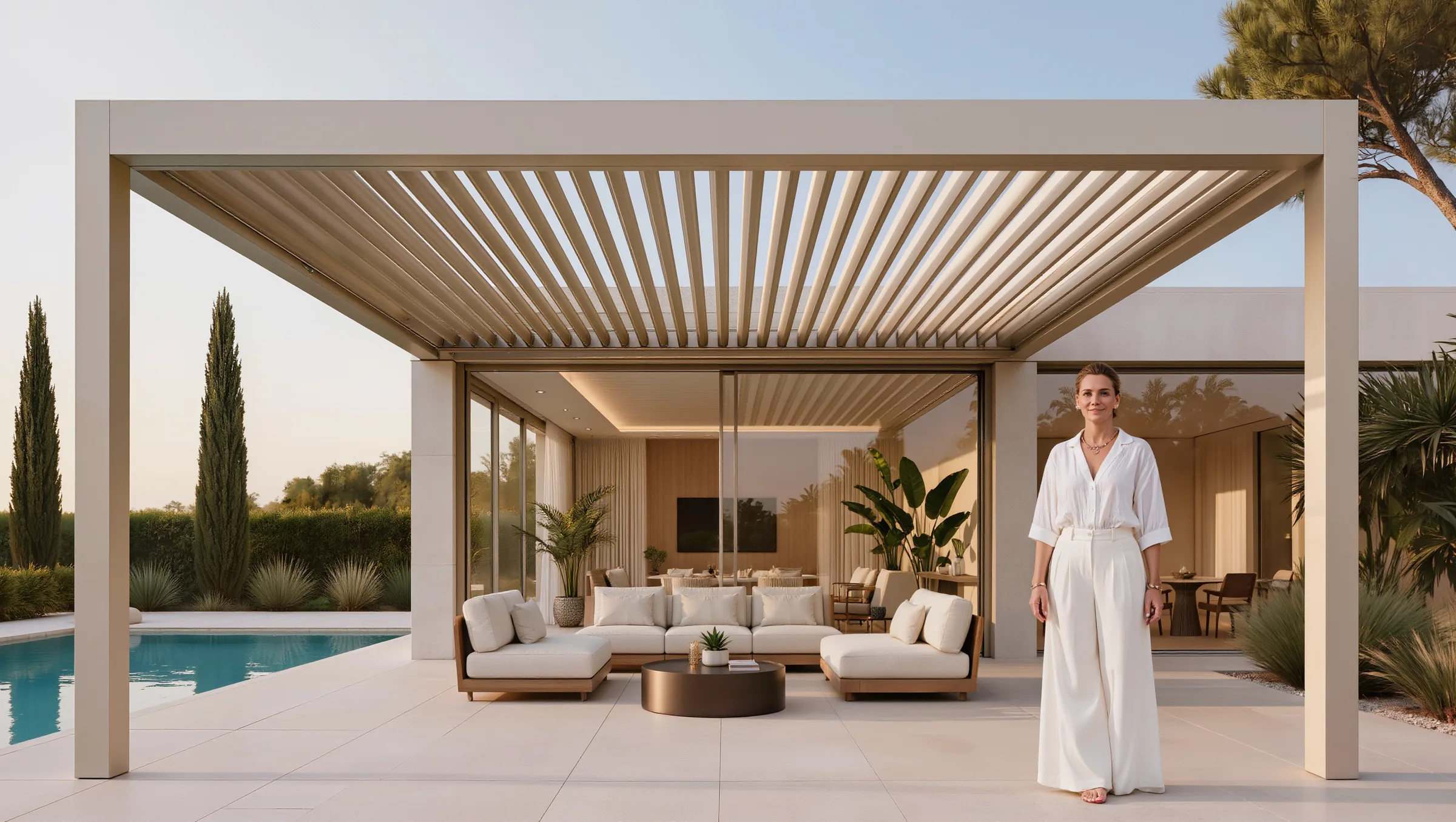 Havuz kenarında eve bitişik, açık renk profilli bioklimatik pergola ve oturma grubu