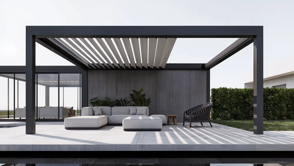 Havuz başında antrasit pergola, kayar çatı örtüsü yarı açık